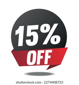 15% off. Red banner with fifteen percent off on a black balloon for mega big sales.