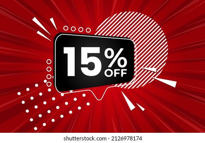 15% off. Red banner with 15 percent discount on a black balloon for mega big sales. 15% sale