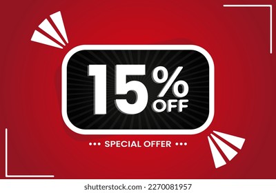 15% off. Red banner with 15 percent discount on a black balloon for mega big sales. 15% sale