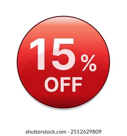 15% off red discount button. Fifteen percent off shopping sale discount emblem in red. Special offer symbol. Vector illustration.