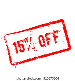 15% off red rubber stamp isolated on white background. Grunge rectangular seal with text, ink texture and splatter and blots, vector illustration.