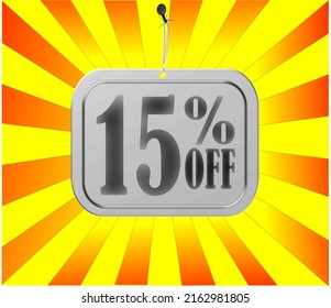 15% off. Red and yellow banner fifteen percent discount on white card for mega big sales.