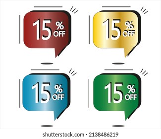 15% off. Red, yellow, blue and green stickers. Vector with four colorful balloons for special offers