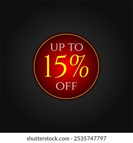 15% off. Red and yellow discount tag. Marketing promotions, commerce sales. Vector design. Fifteen percent off.