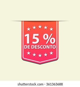 15% Off ribbon label. Blue color . Portuguese text. Vector illustration.