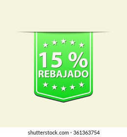 15% Off ribbon label. Blue color . Spanish Vector illustration.