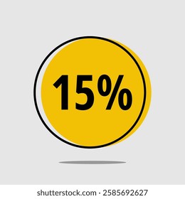 15% Off Round Label - Yellow fifteen percent off label with fun black outline on light gray background.