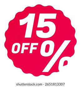 15% Off Round starbursts zigzag shape sales badge icon in red color, Shopping label concept for sales tags. Colorful flat design for app ads web button ui ux elements isolated on white background