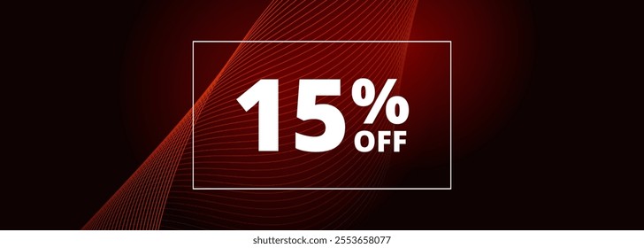 15 off sale banner. Abstract red glowing wavy lines on black wide background. 15 percent off holiday sale discount. Vector illustration