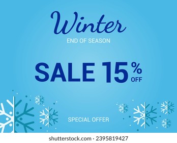 15% off sale banner. Fifteen percent special offer. Winter sale banner. Winter End of Season Sale Background Design. Template for advertising, web, social media and fashion ads. Vector illustration.