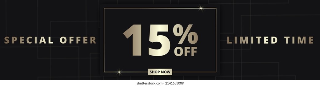 15 off sale banner. Special offer limited time 15 percent off. Sale discount offer. Luxury promotion banner with golden typography fifteen percent discount on black background. Vector illustration