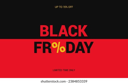 15% off sale. Black Friday sale banner. Fifteen percent discount. Modern minimalist design with black and red typography. Template for promotion, advertising, web, social and ads. Vector