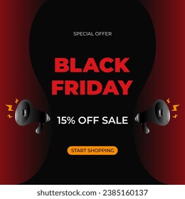 15% off sale Black Friday header with special offer advertising. Fifteen percent discount. Black shouting megaphones. Promotional banner with discount and loudspeakers. Vector illustration.