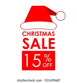 15% off sale. Christmas sale banner and discount design template with Santa Claus hat. 