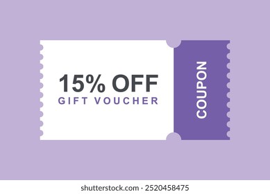 15% de desconto Cupom de venda Voucher. 10% de promoção. Etiqueta, cupom de desconto. Vale-presente na ilustração de vetor de cor roxa.