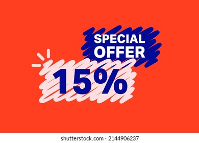 15% OFF Sale Discount banner shape template. Super Sale 15 percent Special offer badge end of the season sale coupon bubble icon. Modern concept design. Discount offer price tag vector illustration.