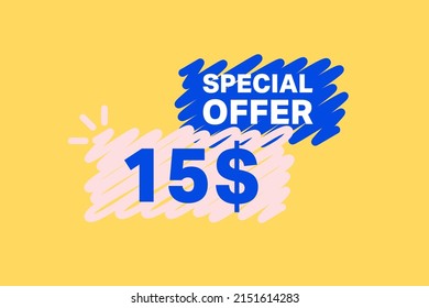 15$ OFF Sale Discount banner shape template. Super Sale 15 Dollar Special offer badge end of the season sale coupon bubble icon. Modern concept design. Discount offer price tag vector illustration.