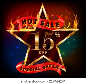 15% off, 15 sale discount hot sale with special offer and fire effect- vector EPS10