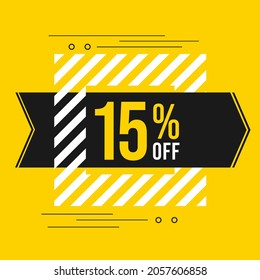 15% off sale. Discount price. Discounted special offer announcement. Black, yellow and white color conceptual banner for promotions and offers at 15 percent off