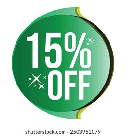 15% de descuento en la venta etiqueta de promoción de descuento o etiqueta de Ilustración vectorial Descuento 15% por ciento de oferta especial para promoción de ventas de marketing ofertas de publicidad insignia verde para Sitios web redes sociales