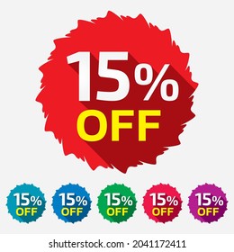 15% Off Sale Discount Tag, Sticker, Label, Sign, Price tag with 15% off. Special Offer promo design element.