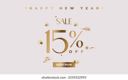 15% off Sale Happy New Year. Fifteen percent promotion illustration. Shop now. Winter holiday poster with discount coupon. Gold Vector.