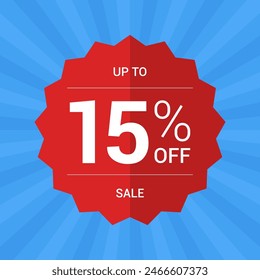 Up to 15% off sale promotion. Fifteen percent sale tag symbol. Promotion flat vector badge graphic. Red Sticker emblem. Modern design on blue background.