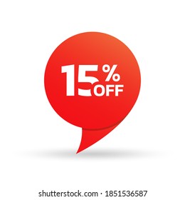 15% off sale tag or sticker. Discount price label, badge for promo banner design. Vector illustration.