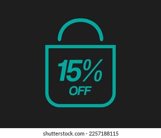 15% off sale. Vector promotional bag with fifteen percent off. Marketing design isolated on dark background