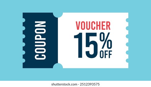 15% Fora Venda Cupom de Cupom de Cupom. Voucher de presente, Ilustração de promoção de quinze por cento, Etiqueta, Banner de venda com cupom de desconto.