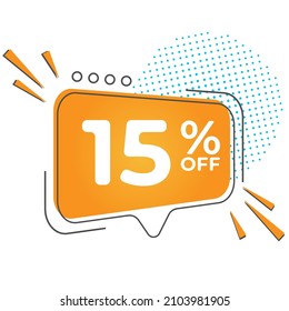 15% off special offer. Banner with 
fifteen percent discount on a orange square balloon.