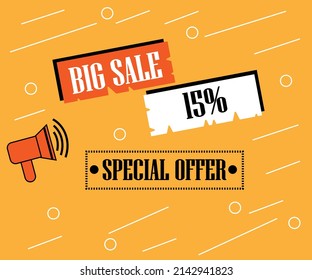 15% off special offer. Banner on a orange background for sales with megaphone