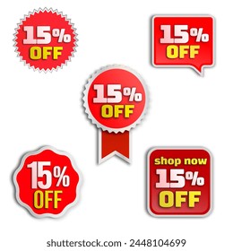 15% off, special (offer), buy now for a limited time. Red 3D label (icon) designs. Online coupon with super discount. vector illustration, fifteen percent.