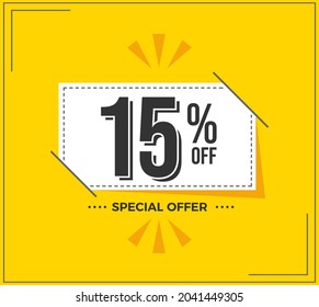 15% OFF. Special Offer Marketing Announcement. Discount promotion.15% Discount Special Offer Conceptual Yellow Banner Design Template.