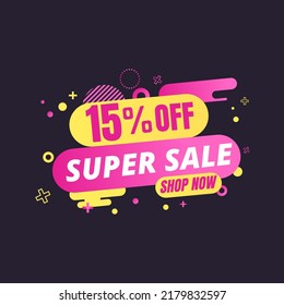 15% off, super sale Sale, special offer and sale banner. Buy now. Pink design, promotion, vector illustration