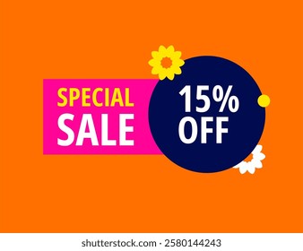 15% off tag - orange background with pink rectangular fifteen percent off offer banner, blue circle, flowers. Special summer or carnival offer for a limited time