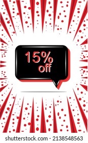 15% off. white banner with fifteen percent discount on a black balloon for mega big sales