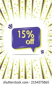 15% off. white banner with fifteen percent discount on a purple balloon for mega big sales