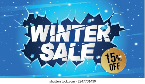 15% off. Winter banner with fifteen percent discount on a blue balloon for winter sales.