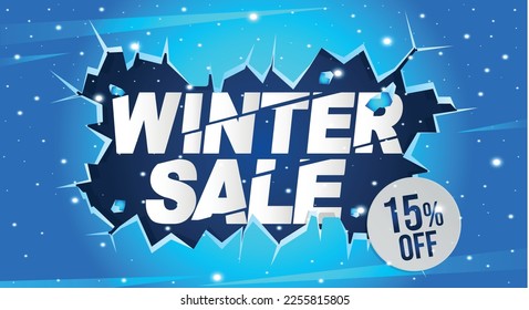 15% off. Winter banner with fifteen percent discount on a blue balloon for winter sales.