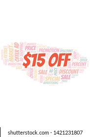 $15 Off word cloud. Wordcloud made with text only.