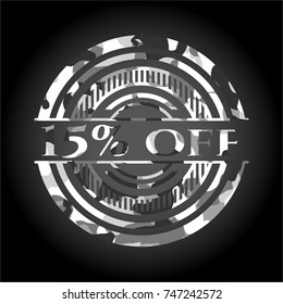 15% off written on a grey camouflage texture