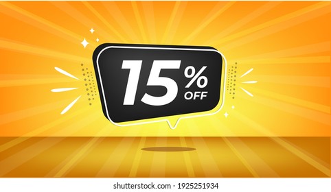 15% off. Yellow banner with fifteen percent discount on a black balloon for mega big sales.