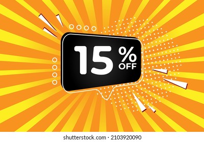 15% off. Yellow banner with fifteen percent discount on a black balloon for mega big sales.