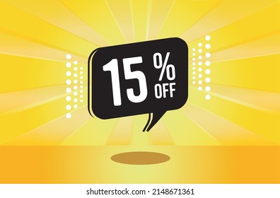 15% off. Yellow banner with fifteen percent discount on a black balloon for mega big sales.
