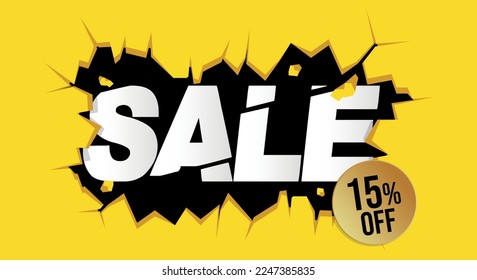 15% off. Yellow banner with fifteen percent discount on a black balloon for mega big sales.