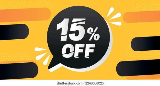 15% off. Yellow banner with fifteen percent discount on a black balloon for mega big sales.