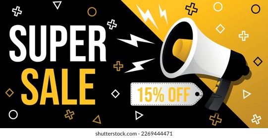 15% off. Yellow banner with fifteen percent off on a white tag for super mega big sales.