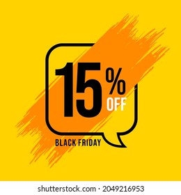 15% off. Yellow banner with 15 percent off on a black balloon with orange detail for promotions and offers. Discount conceptual banner for big sales