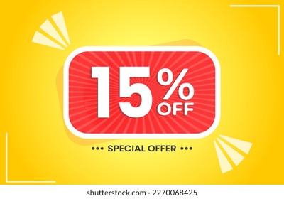 15% off. Yellow banner with 15 percent discount on a red balloon for mega big sales. 15% sale